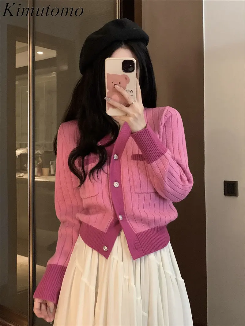 

Винтажный контрастный Свободный вязаный кардиган Kimutomo, Женский мягкий с V-образным вырезом, универсальный короткий свитер с одной грудью, Н...