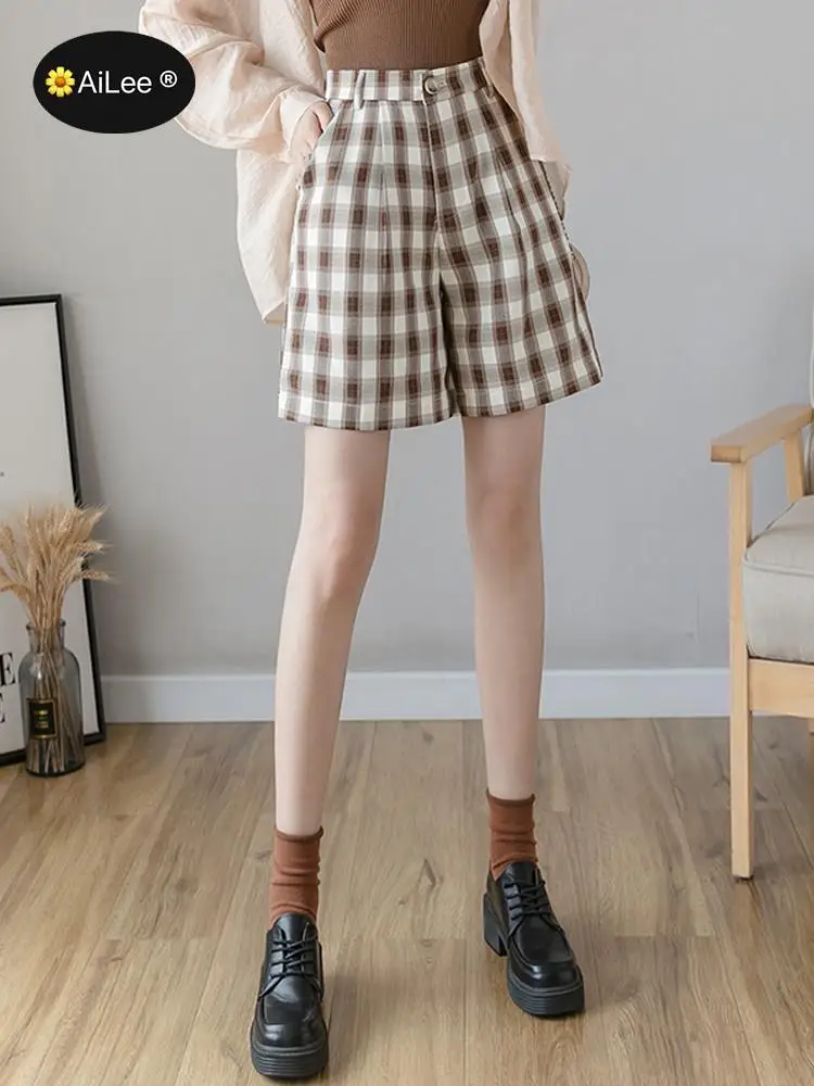 New 2021 Summer Autumn Women Shorts Wide Leg High Waist Fashion Plaid Girl Students Checkered Lady Shorts Holiday Vacation