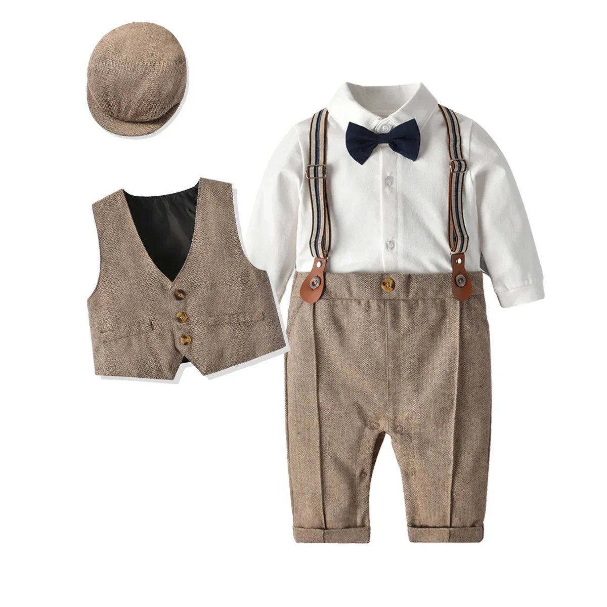 

Baby Clothes Boy Gentleman Suit Suspender Pants with Vest Cap Vintage Britain Set for First Birthday Wedding Photo Shoot