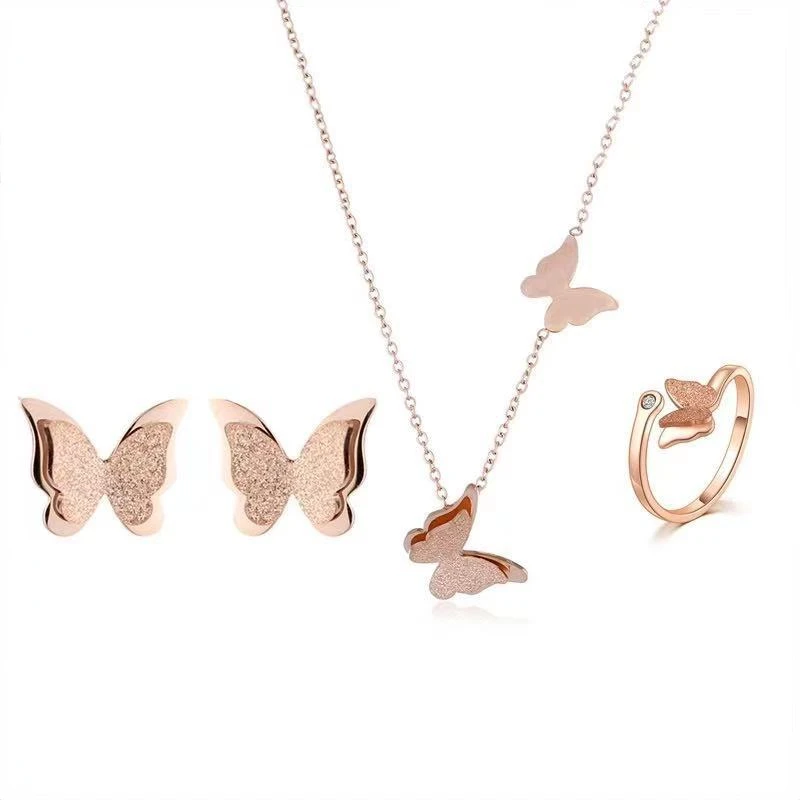 

Stainless Steel Butterfly Jewelry Set Fashion Rose Gold Women Bracelet Trend Clavicle Chain Necklace Female Ring Gift