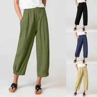 women cropped pants solid color elastic waist loose breathable spring ninth pants for daily wear
