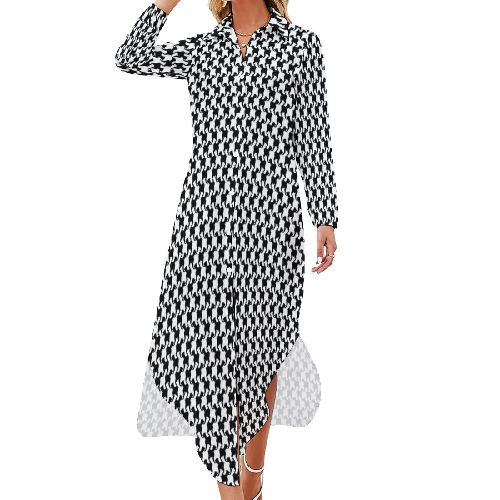 

Houndstooth With Dogs Chiffon Dress Sexy V Neck Black and White M Design Kawaii Dresses Ladies Street Fashion Casual Dress Gift