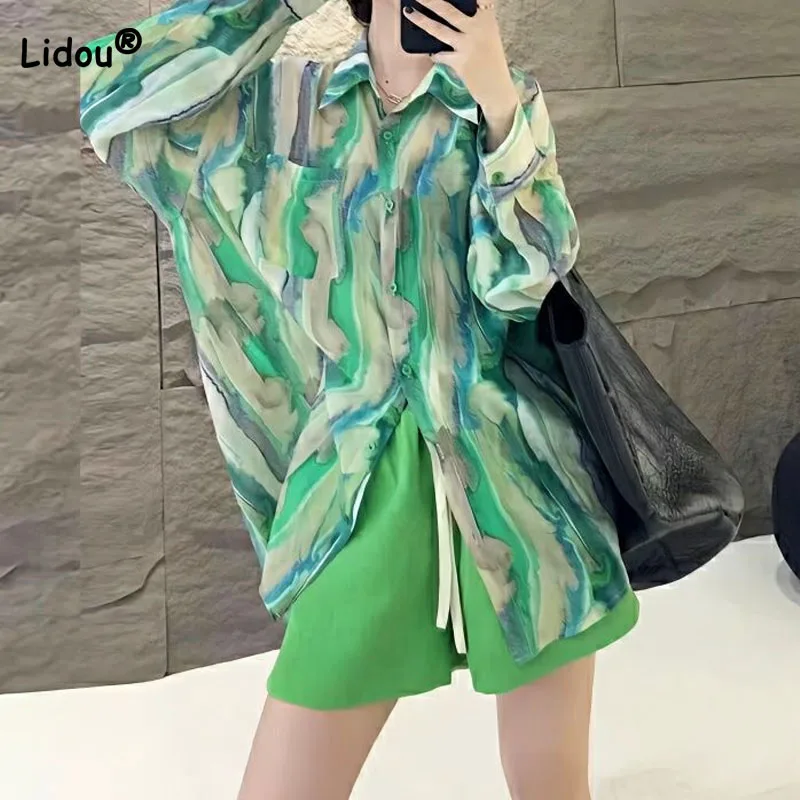

Korean Polo-Neck Temperament Chiffon Shirt for Female Fashion Casual Single-breasted Printed Blouse Summer Women's Clothing