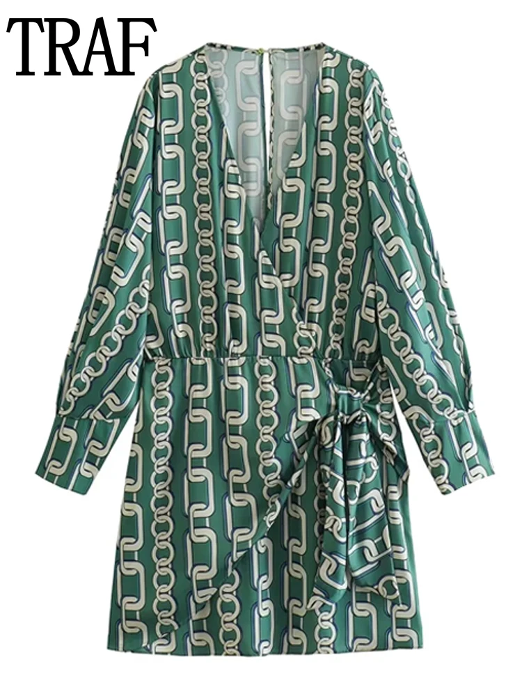 

TRAF Chain Print Dress Woman Green Pleated Short Dresses for Women Knot Wrap Mini Dress Women Long Sleeve Satin Female Dress