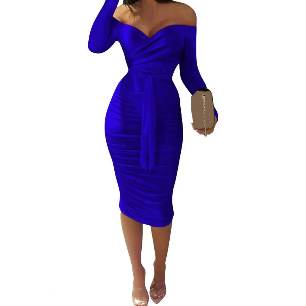 

Женское облегающее платье-футляр средней длины, однотонное облегающее платье с открытыми плечами и V-образным вырезом для выпускного вечера, 2022