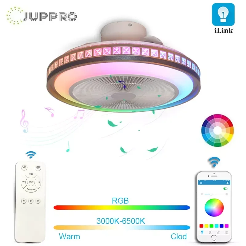 

NEW2023 60W LED Ceiling Fan with Light RGB Modern Chandelier Lamp Dimmable with Bluetooth Speaker APP Remote Control for Living