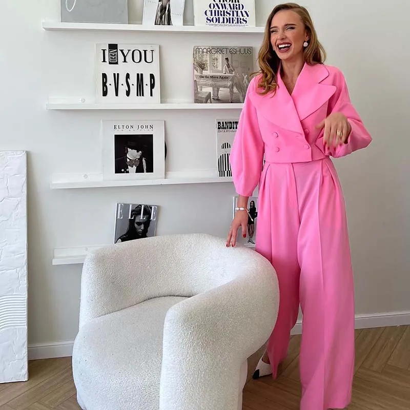 Winter Women Elegant Lantern Sleeves Two Piece Sets Leisure Loose Cropped Coat And Wide Leg Pants Suit Chic Office Lady Outfits