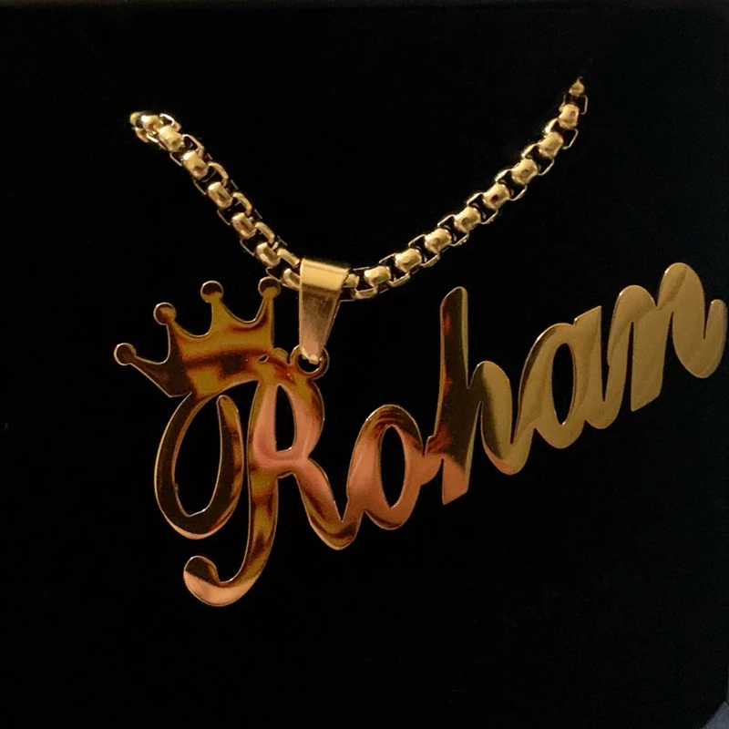 

Personalized Crown Name Necklace High Quality Stainless Steel in 18K Gold Plated Hip Hop Nameplate Jewelry Men Cuban Chain
