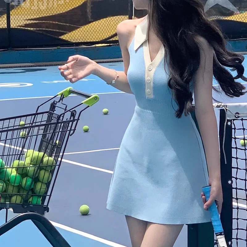 Yuejuxing платье с v-образным вырезом и вязаным воротником нишевое дизайнерское