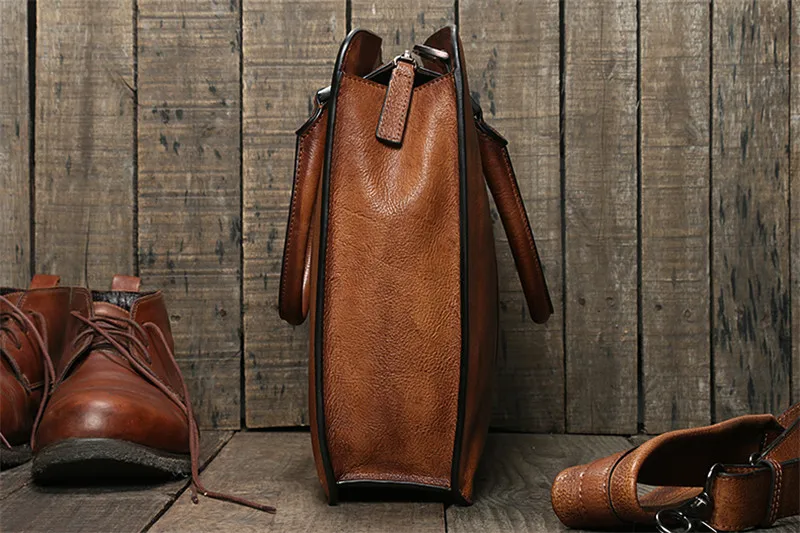 Simple casual natural genuine leather men's large-capacity briefcase vintage business lawyer handbag work shoulder messenger bag