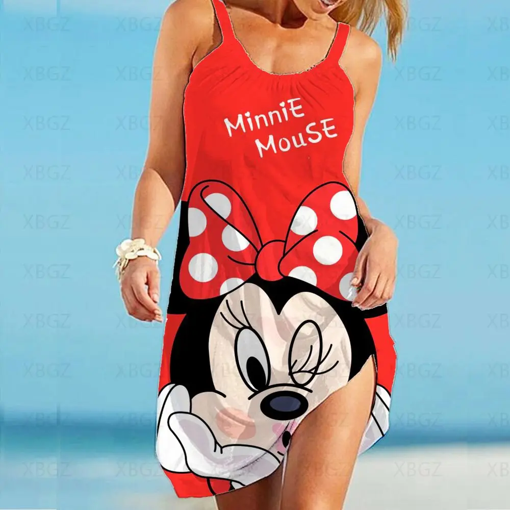 Summer Dresses Woman 2022 Disney Plus Robe Loose Sexy Dress Minnie Mouse Women's Boho Sling Top Cartoon Beach Print Fashion