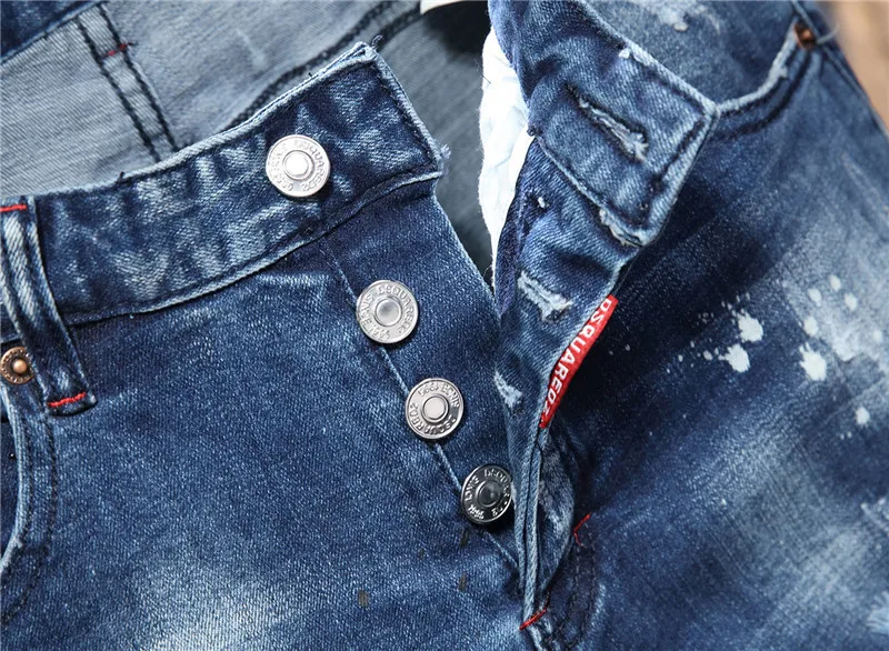 occident Dsquared2 blue hole ruffian handsome self-cultivation elastic Khmer red sticker cloth fashion paint D2