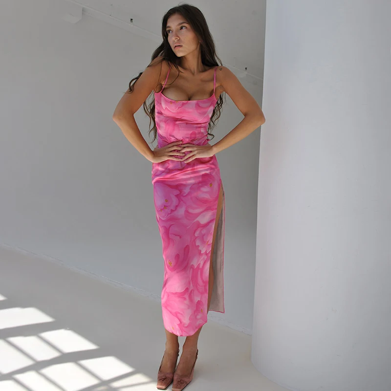 

Open Back Bandage Dye Print Tight Slit Dress Women Sexy Sleeveless Square Neck Wrapped Midi Dress Party Club Backless Dress