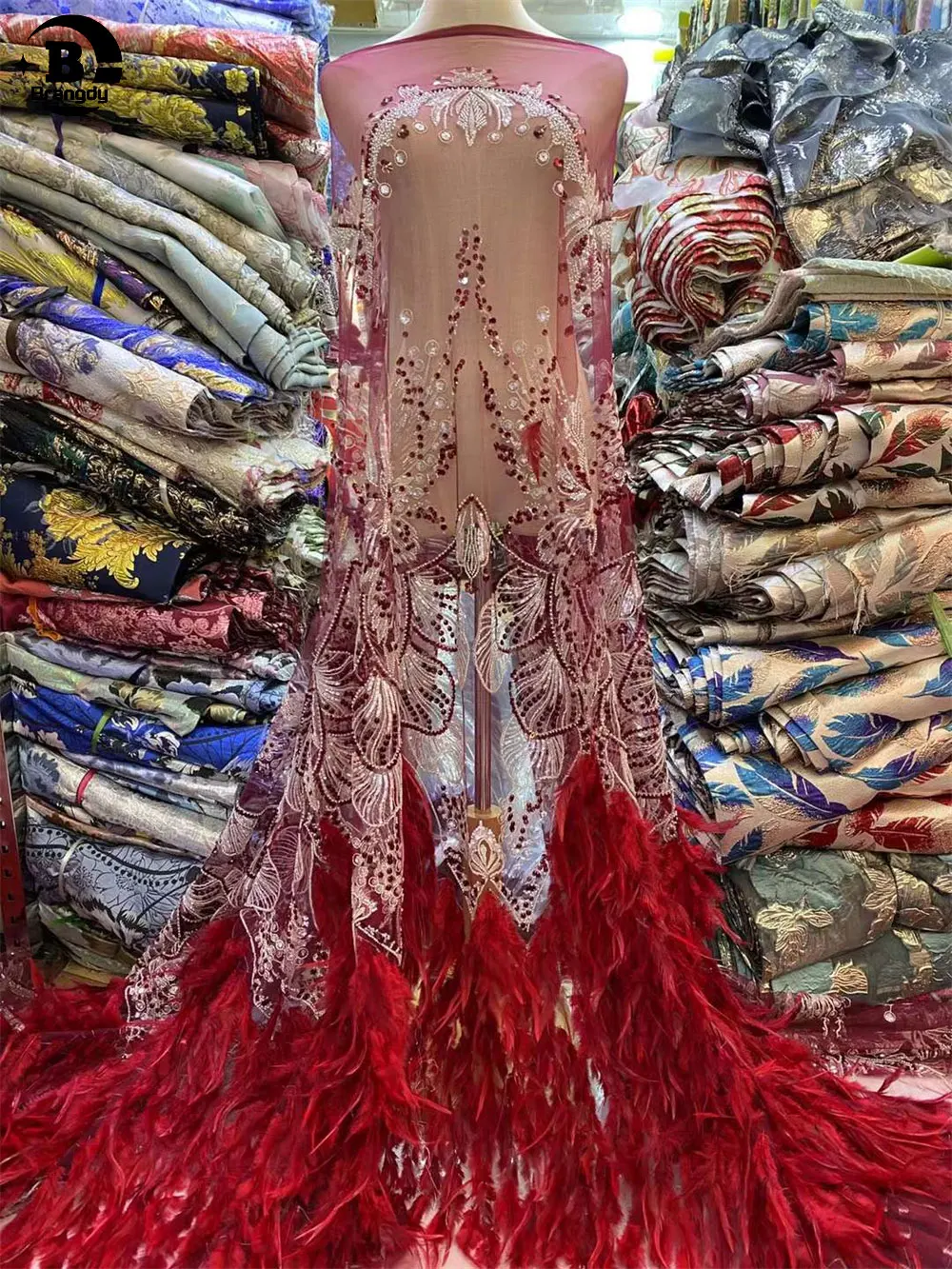 Розовая африканская кружевная ткань с 3D перьями Высококачественная вышивка