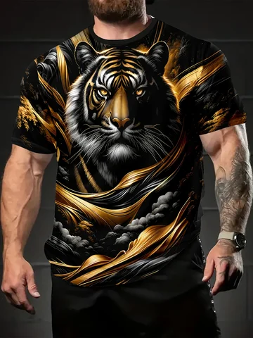 Мужская футболка с 3D-принтом и рисунком тигра - летняя футболка из дышащей полиэстера с короткими рукавами и круглым вырезом для занятий спортом на открытом воздухе