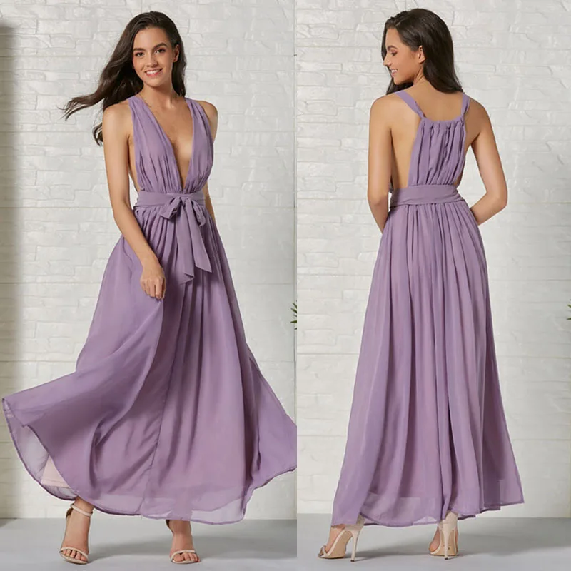 

NEW-Newest Style Maxi Long Women Dress Bohemian Vacation Style Halter Solid Color Purple Party Dress