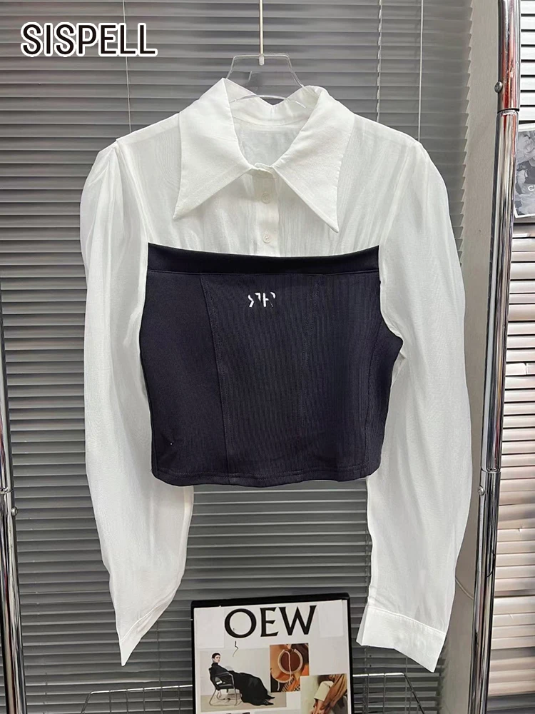 

SISPELL Embroidery Knitting Blouses For Women Lapel Puff Sleeve Patchwork Buttons Slim Hit Color Shirts Female Spring 2023 Style