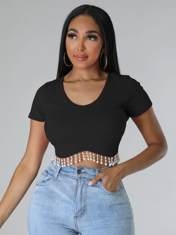 

Kintted Shirts for Women Black O Neck Short Sleeve Tassel Summer Casual Evening Party Short Beading Fringe Tops Blouse 2023