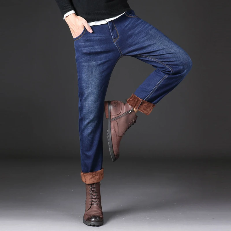 Men's Autumn Winter Plus Velvet Thick Slim Male Denim Retro Vintage Straight Jeans Trousers Streetwear Jogging Jogger Pants Man