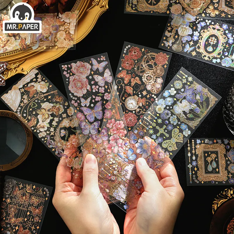 

Mr. Paper 3 sheets / model three-dimensional foil PET stickers retro plants flowers black gold color scheme handbook stickers