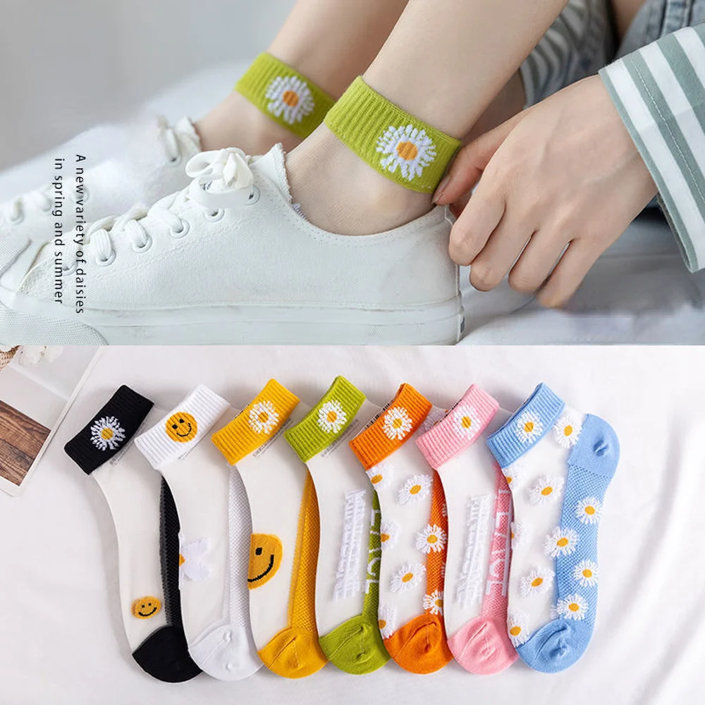 10 Pairs Japanese Fashion Crystal Sheer Socks Spring Summer Daisy Embroidered Socks Girl Ankle Socks Kawaii Transparent Socks