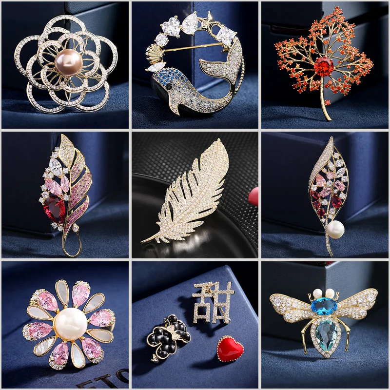 

Delicate Cubic Zirconia Flower Feather Brooches for Women Vintage Maple Leaf Brooch Pin Clothing Accessories Corsage Xmas Gifts