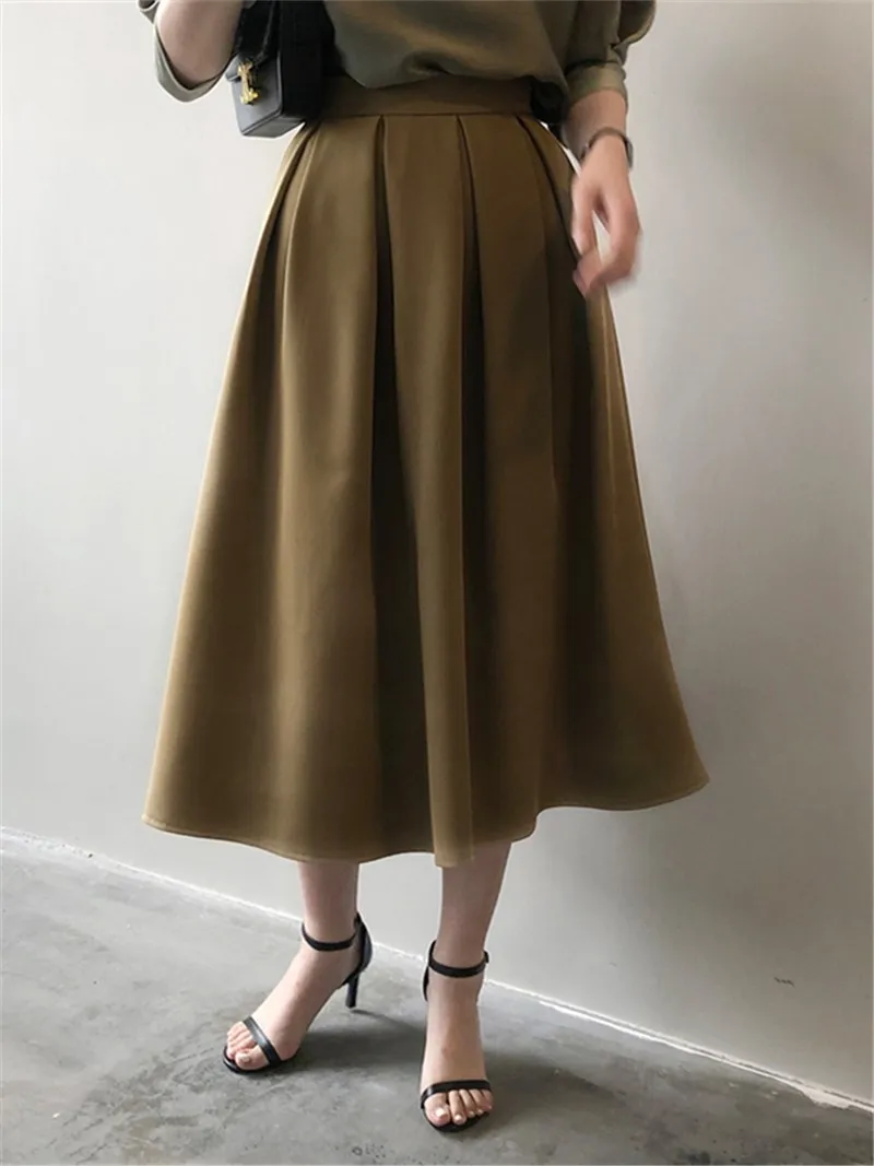 

Summer Fashion Sweet Elegant Plain High Waist Midi Skirts Women Vintage A-line Long Expansion Skirt Ladies Casual Pleated Skirt
