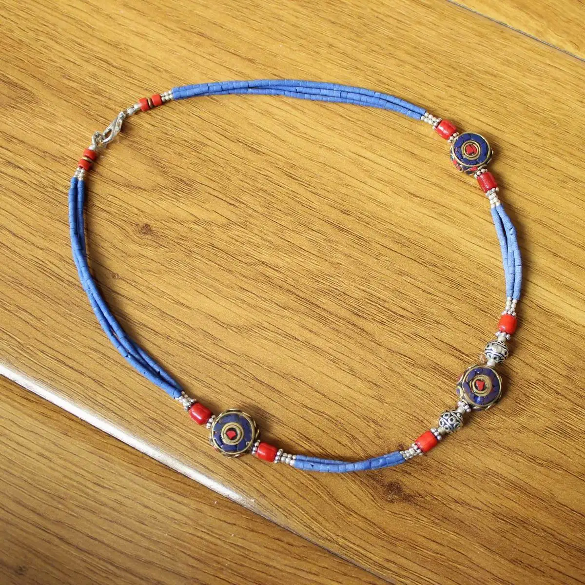 

NK252 Ethnic Tibetan 3 Big Round Beads Mini Natural Lapis Stone Lady Necklace Handmade Nepal Jewelry