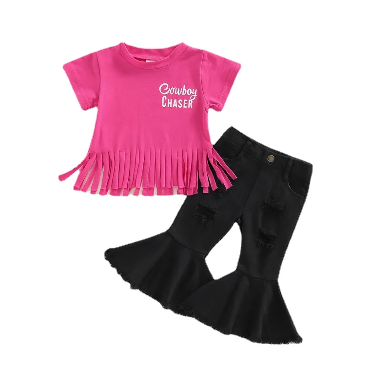 

2022 Summer Kids Girl Clothing COWBOY Letter Print Tassels Short Sleeve Top+Holes Denim Flare Pants+Dot Headband Set 0-4Y