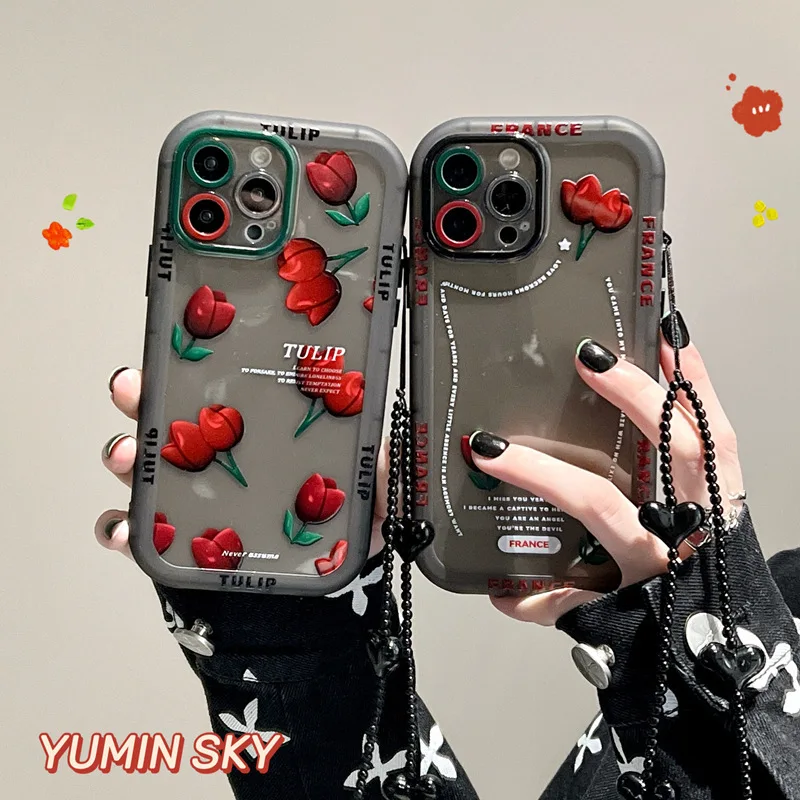 

Подходит для IPhone13promax атмосферное чувство красный тюльпан цветок черный прозрачный силиконовый защитный чехол для мобильного телефона