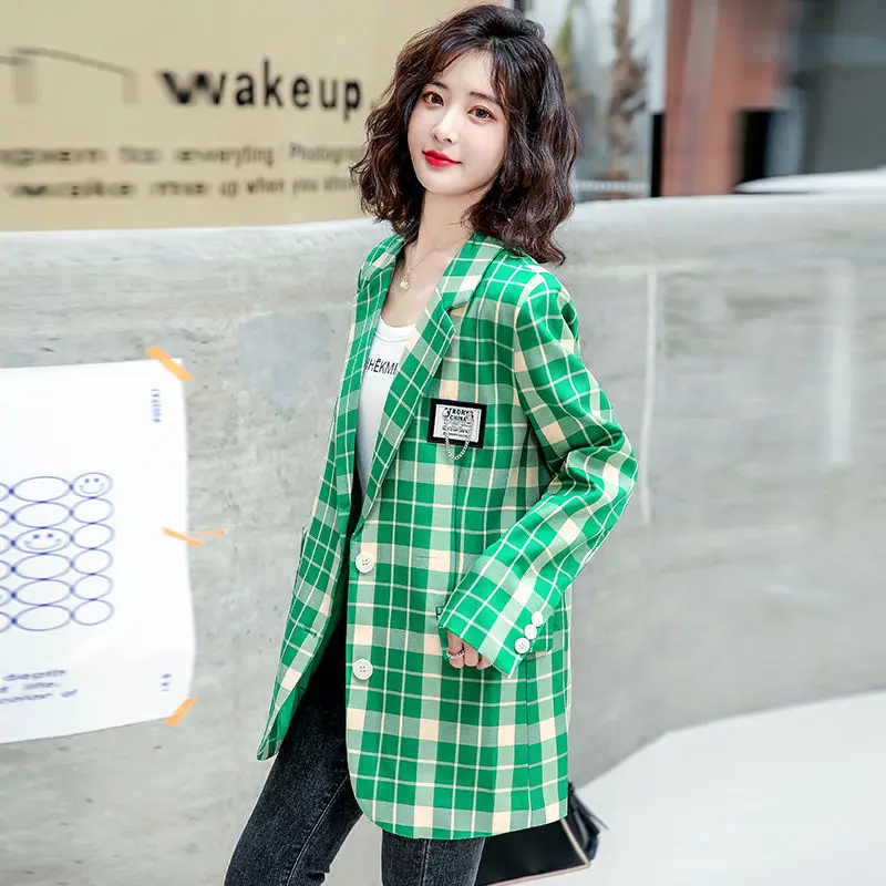 

Free Shipping Spring Loose Women Green Plaid Suit Coat Korean Loose Notched Blazers for Women Formal