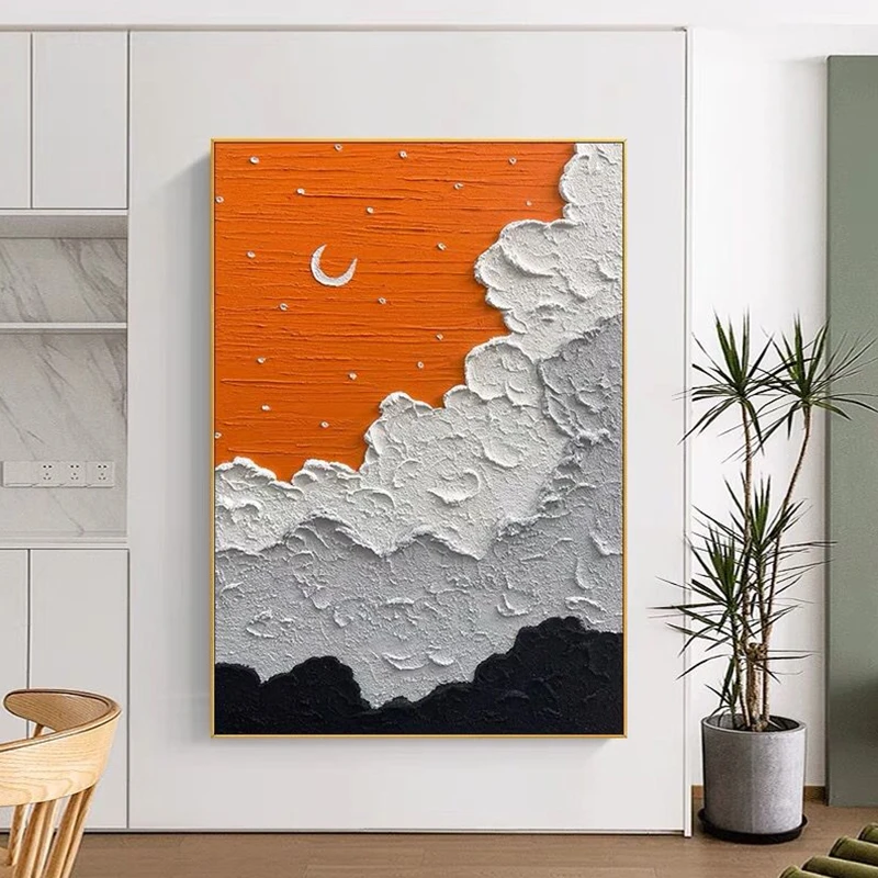

Hand Painted Oil Painting Canvas Thick Texture Beach Abstract Stars Moon Beautiful Scenery Wall Art Decoration for Home Mural