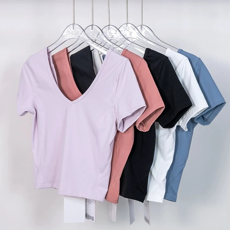 

Women Fitness Sportswear Crop Tops Sexy Shirts Backless Sports Tops Gym Clothing Yoga Wear Shorts Sleeve for Summer