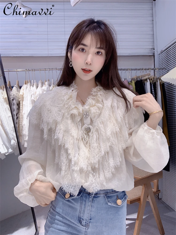 

2022 Spring Clothes New Fashion Lace Loose Rhinestone Button Chiffon Shirt Temperamental Tassels Long Sleeve Blouse Tops