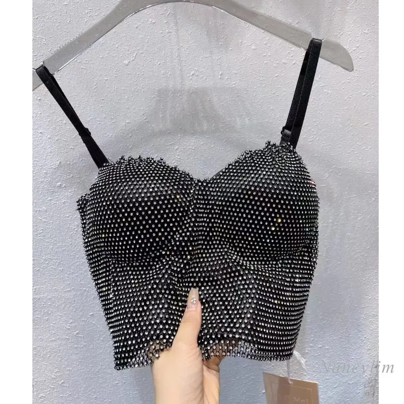 

Модный женский топ Y2k на бретелях-спагетти, лето 2023, сетчатый Блестящий бюстгальтер со стразами и накладками на груди, корсет, топ, популярна...