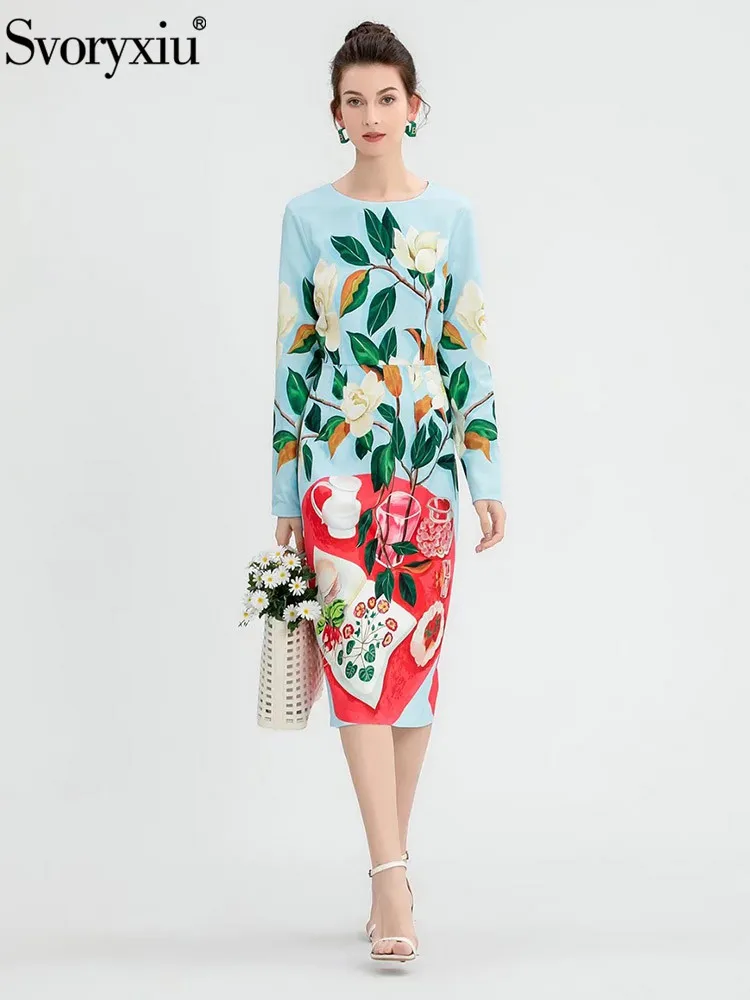 

Svoryxiu Spring Summer Runway Fashion Party Midi Dress Women's Long Sleeves Flower Print Elegance Dresses Vestdios