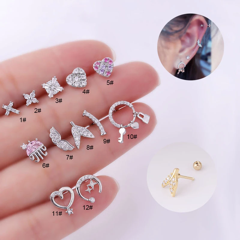 

Korean Fashion Cz Ear Studs Earring for Women Stainless Steel Zircon Stud Earring Cartilage Tragus Spiral Piercing Jewelry Gift