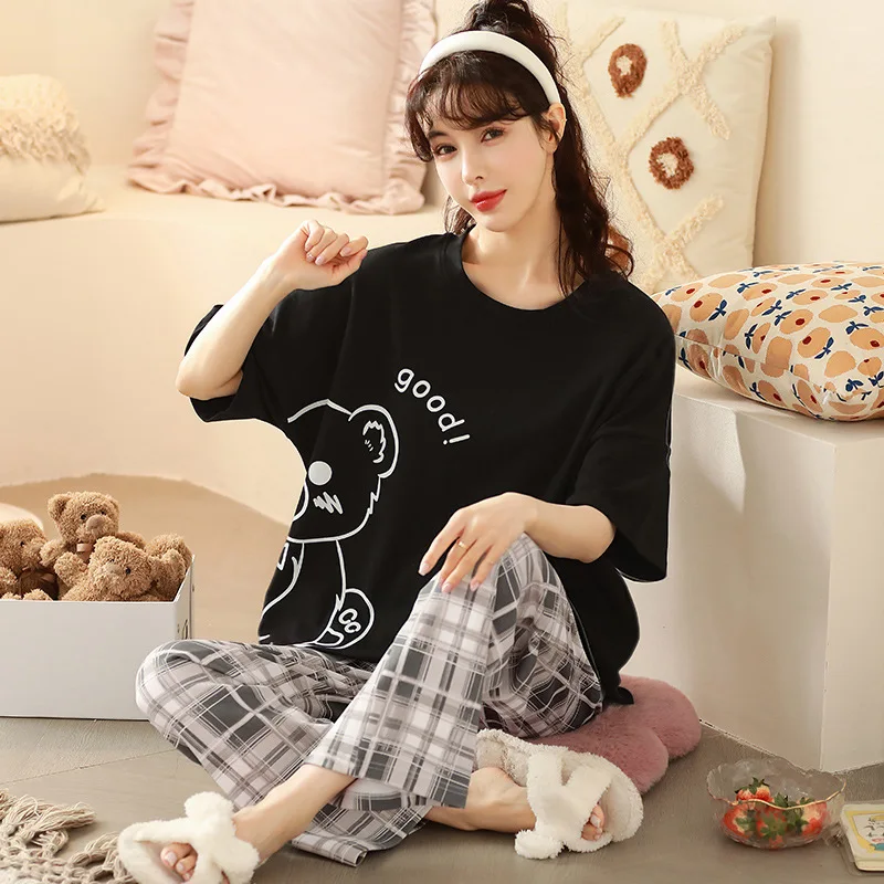 SUO&CHAO 2023 New Pajamas Sets For Women's Short Sleeve Round Neck Long Pants Cartoon Print Pijamas Sleepwear