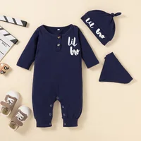 hibobi Baby Boy Letter Pattern Long Sleeves Jumpsuit & Hat Round Neck Cute Newborn Baby Bottle Crawl Clothes