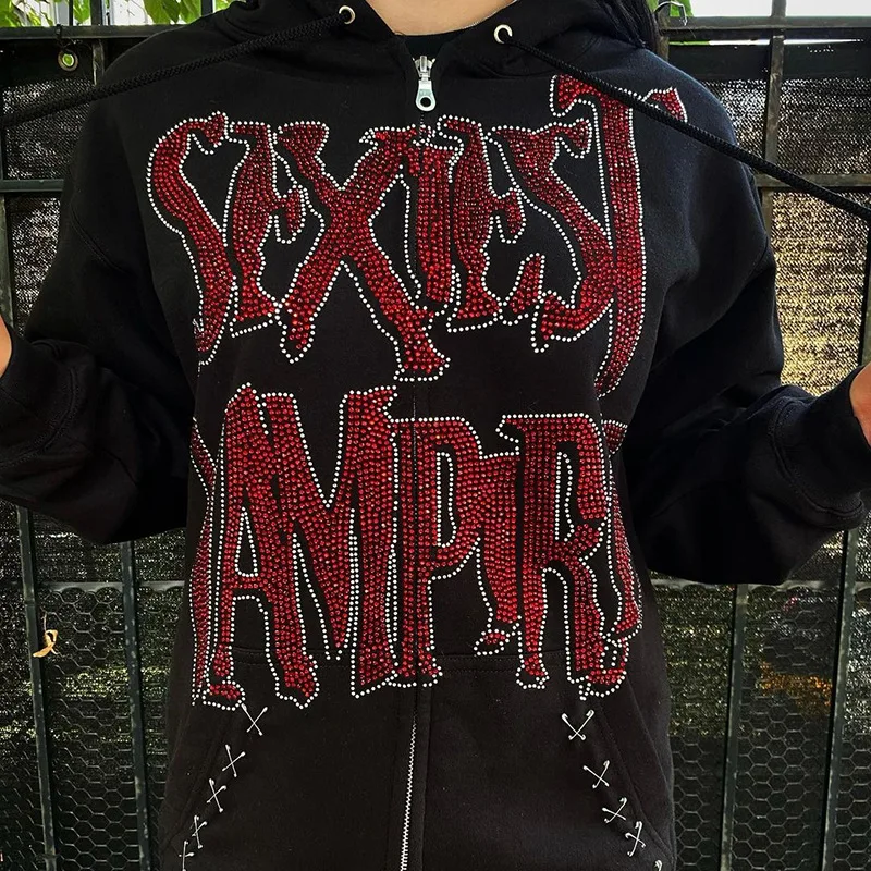 Стразы свитшоты большого размера с надписью винтажная уличная одежда женские