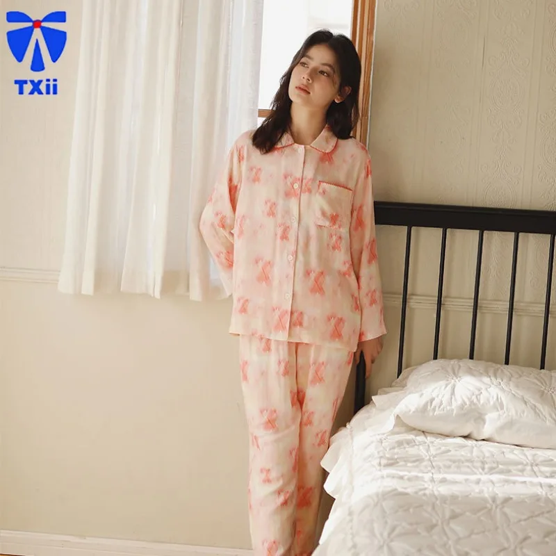 TXii бамбуковая хлопково-марлевая домашняя одежда с лацканами и длинными рукавами