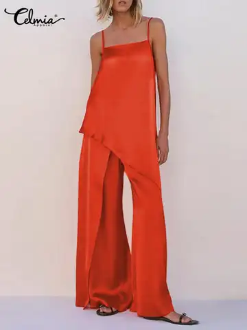 Женский атласный комплект из 2 предметов Celmia, модные ассиметричные комплекты одежды без рукавов и широких брюк, летняя уличная одежда 2022