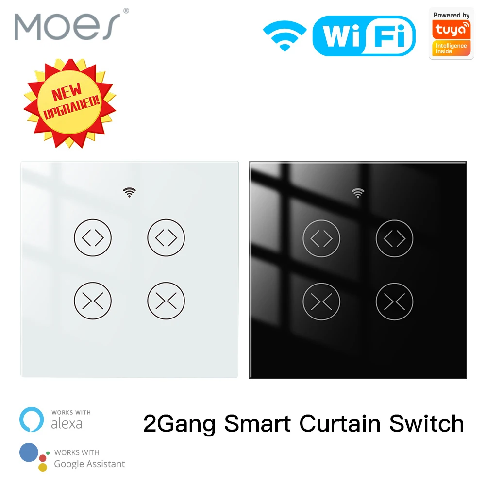 

Moes WiFi Smart Life Tuya 2 Gang Double Curtain Blind Switch for Roller Shutter Electric Motor With Google Home Alexa Voice