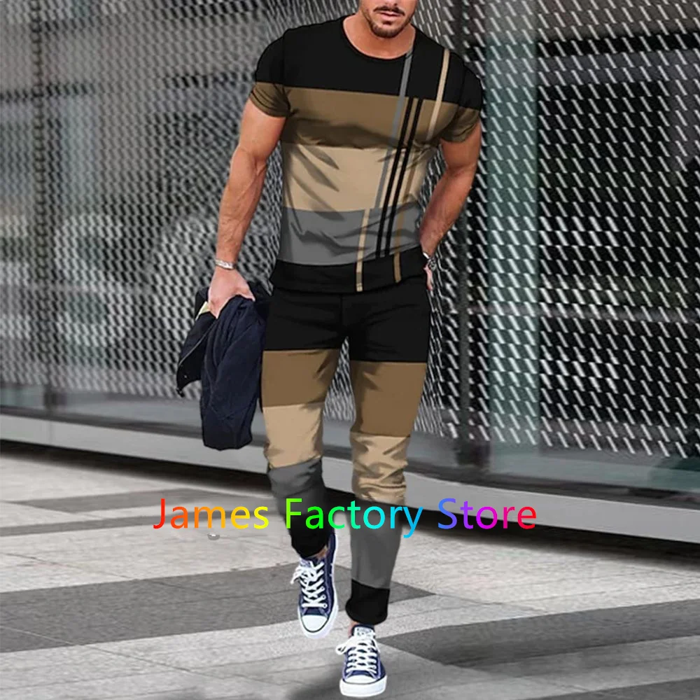 Men's Tracksuit 2 Pieces Sets Fashion Color Stitching3D Tshirt+Trouser Outfit Jogger Set Male Streetwear Oversize Sportswear Set