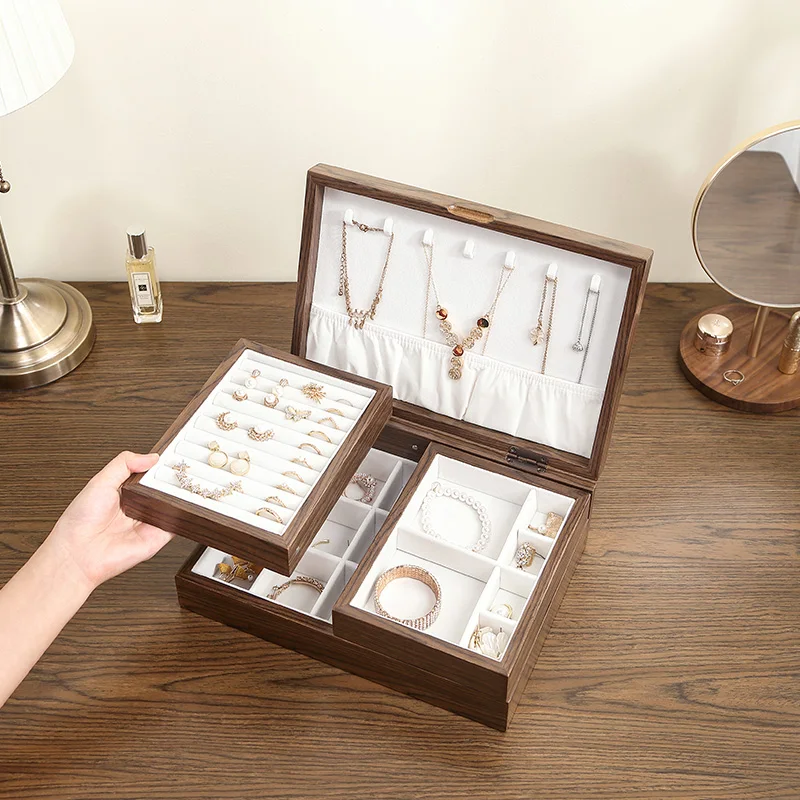 3-in-1 Large Wooden Jewelry Box Double Magnetic Removable Organizer Tray Women Men Jewellery Display Earrings Necklace Ring Case