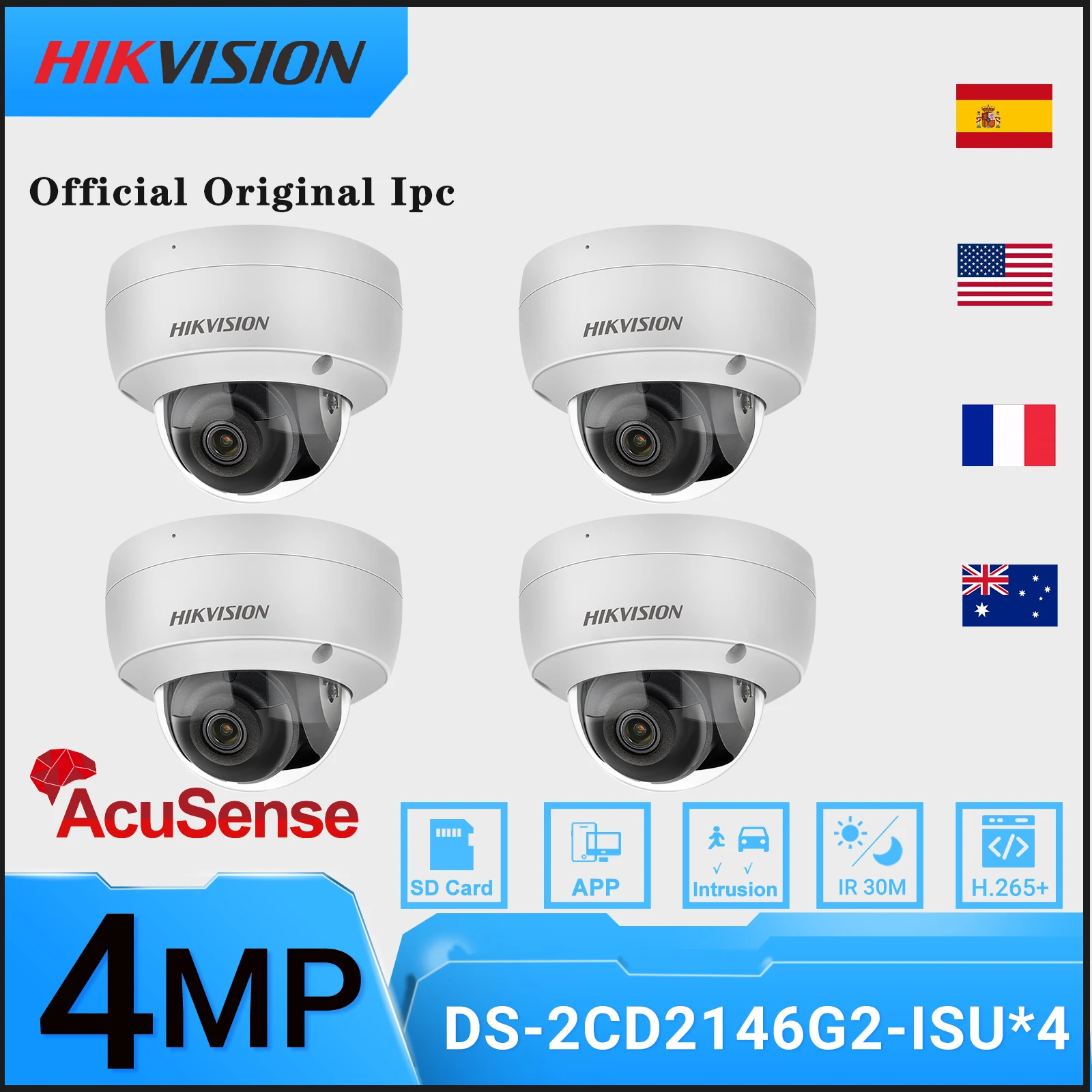 

Hikvision 4Pcs/Lot DS-2CD2146G2-ISU POE IP Camera 4MP Dome Network CCTV IPC SD Card MIC 2K H.265+ Alarm I/O Face Detect AcuSense