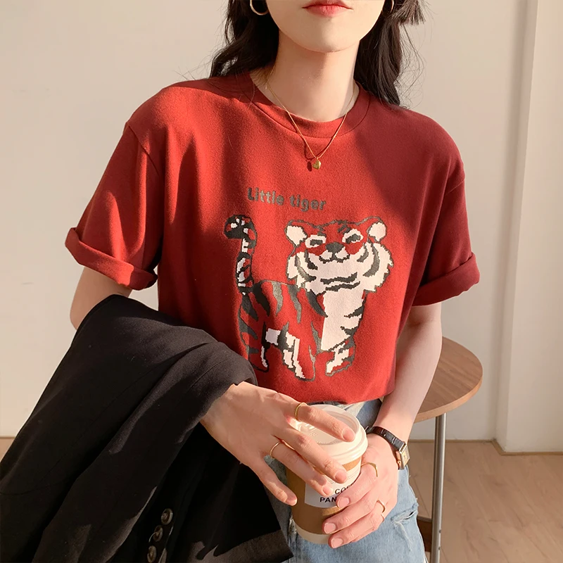 

Летние хлопковые футболки с принтом, свободные красные футболки с коротким рукавом и круглым вырезом для девочек, женская простая футболка ...