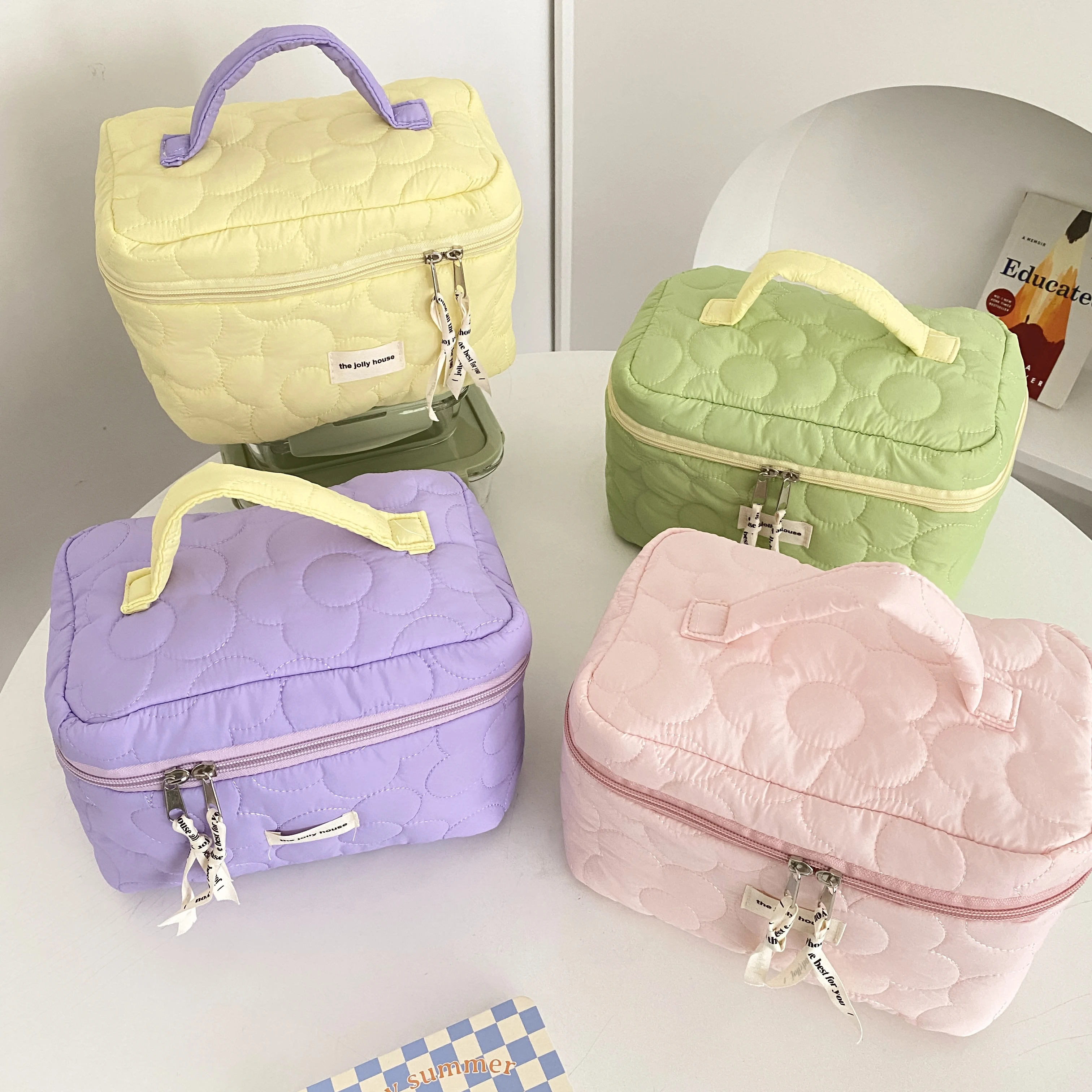 

Flower Quilted Cotton Flip Cosmetic Makeup Bag Korea Zipper Large Toiletry Bags Travel Tote Case Brushes Organizer Box For Women