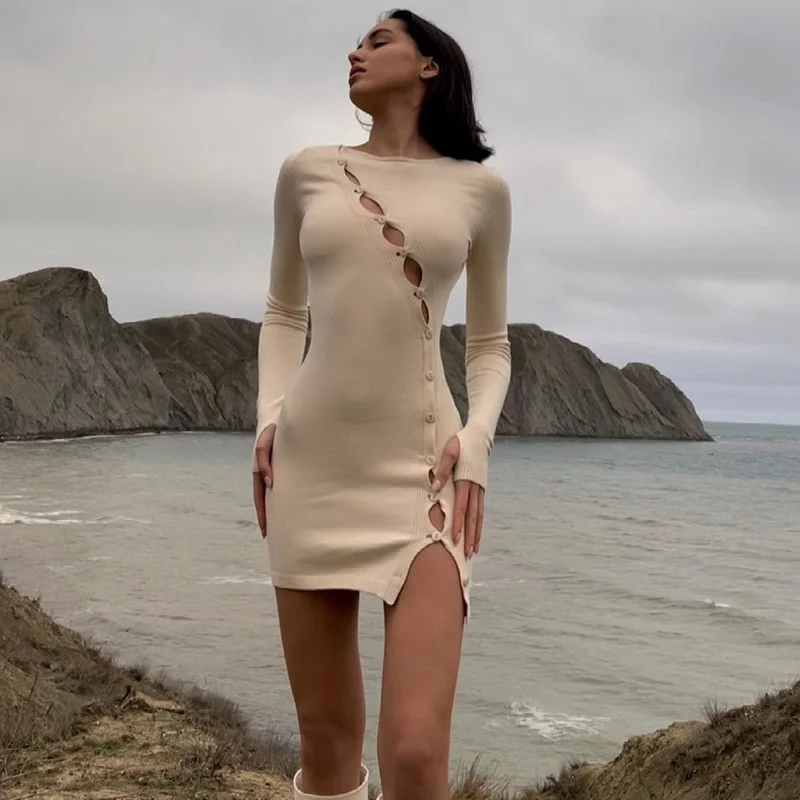 

Retro Sexy round Neck Hollow-out Breasted Long Sleeve Dress for Women Fall/Winter Slim Slimming High Waist Slit Base Skirt