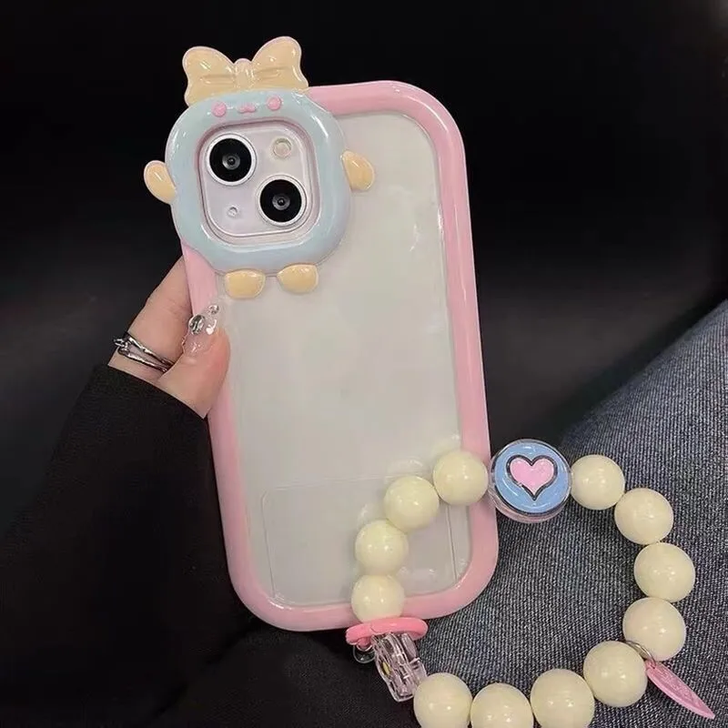 

Cute Bow tie Beads Lanyard Shockproof Case For iPhone 13 12 11 Pro X XS Max XR 7 8 Plus 6S 6 SE 2020 SE 3 Hand Chain Clear Cover